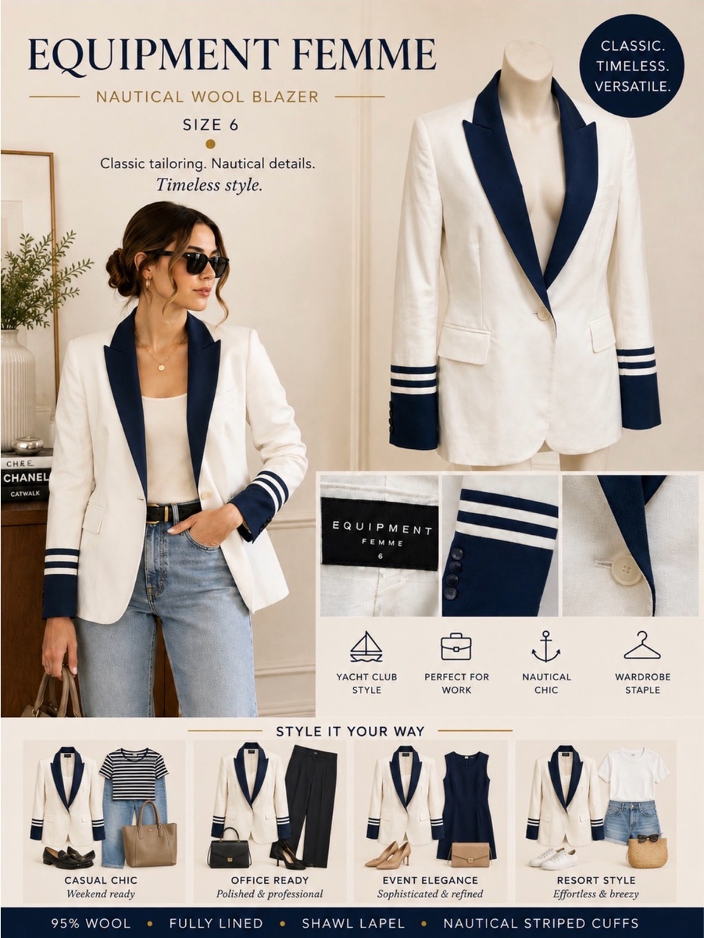 Equipment Femme White Wool Navy Nautical Blazer Jacket Size 6 Yacht Club